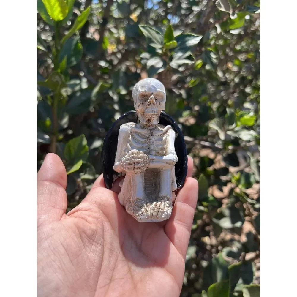 Sitting Skeleton with Bat Wings Statue 3.85